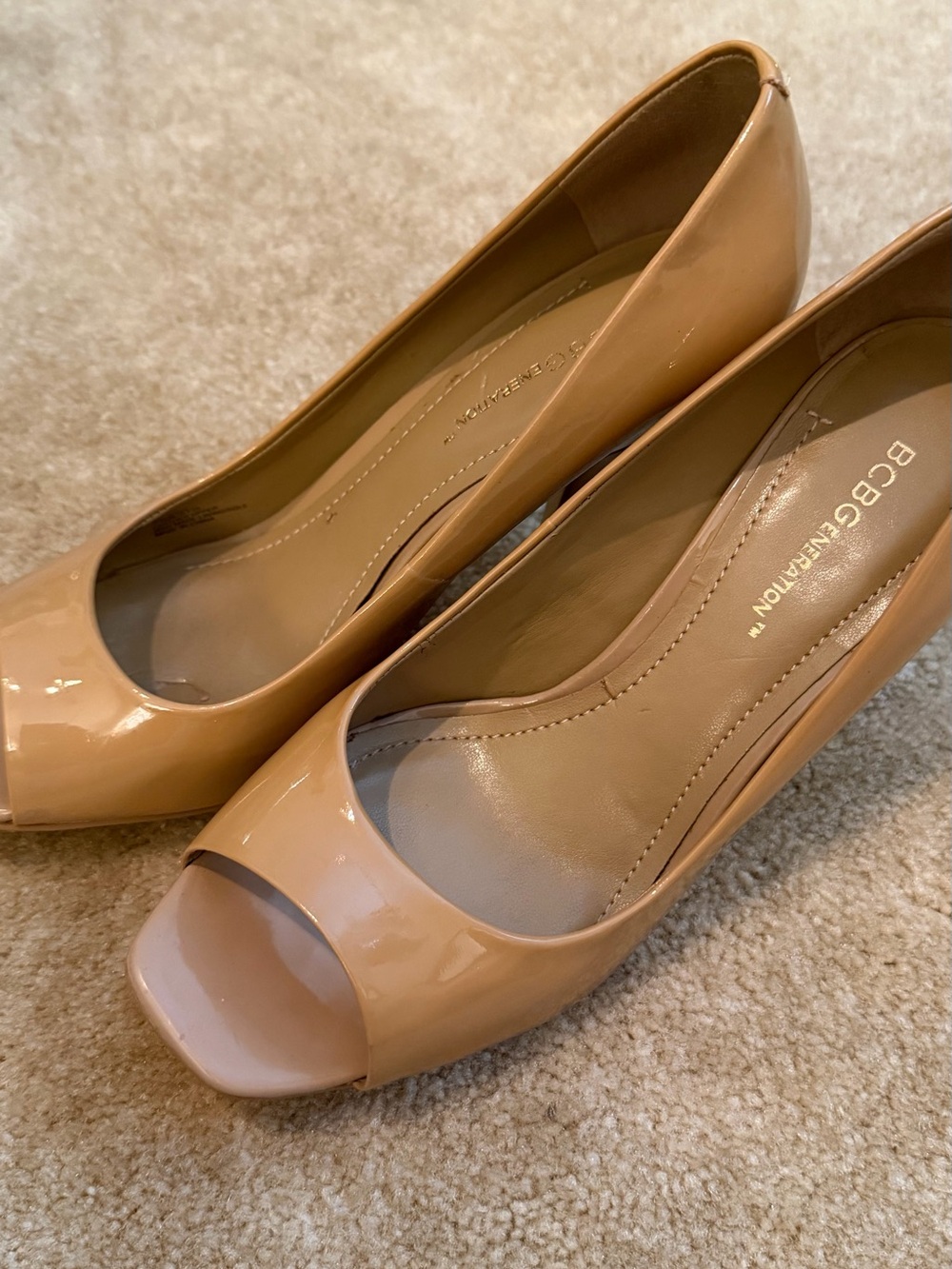 BCBGeneration Nude Patent Peep-Toe Heels